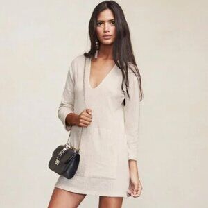 REFORMATION Helix Oatmeal Ribbed Sweater Deep V-Neck Tunic Dress Womens Large